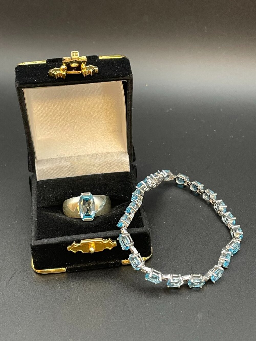 Swiss Blue Topaz and Sterling Silver Ring and Tennis Bracelet Set